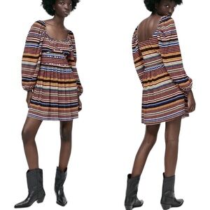 ZARA Multicolor Stripe Pleated Long Balloon Sleeve Dress